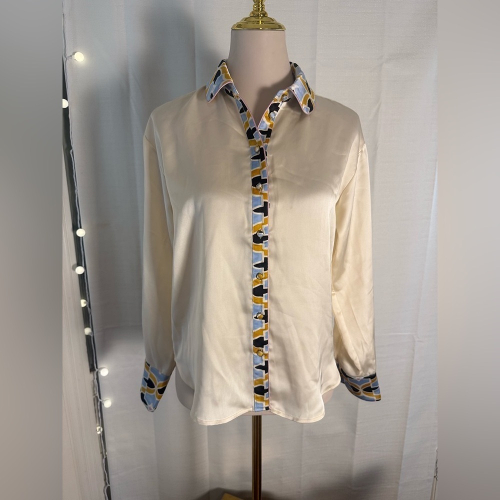 Bailey 44 XS Satin Blouse Geometric Trim Ivory Button Down Top